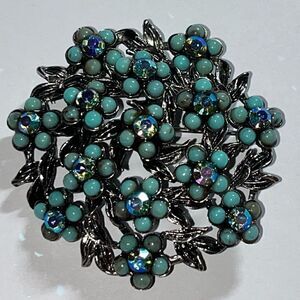 Turquoise seed beads aurora AB rhinestones 2" floral Brooch Silvertone vintage